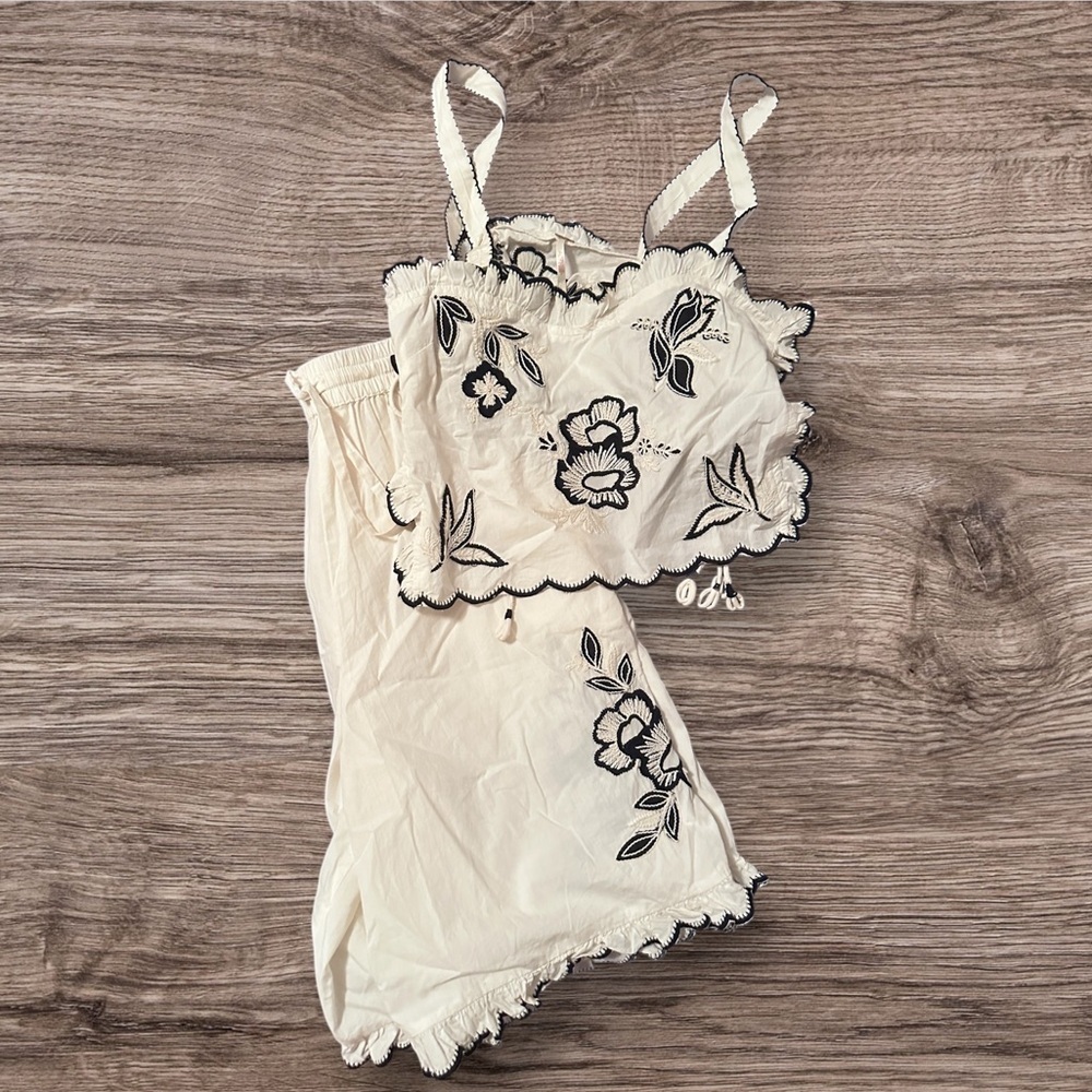 Free People Cream Embroidered Ruffle Drawstring Shorts - Picture 8 of 9
